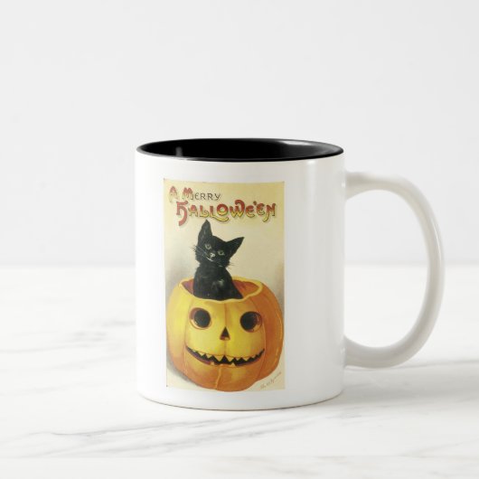 Old Fashioned Merry Halloween Cat Tweekleurige Koffiemok (Rechts)