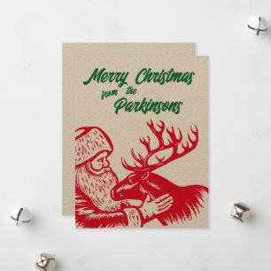 Old Fashioned Woodcut Santa Claus en Reindeer Feestdagenkaart