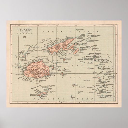 Old Fiji Map (1919) Viti Levu Atlas Poster (Voorkant)