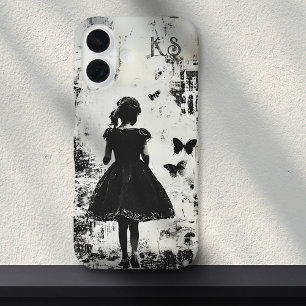 Old Grunge Girl Silhouette Butterfly Monogram iPhone 16 Hoesje