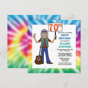 Old Hippie Hippy Tie Dye 70th Birthday Party Invit Kaart