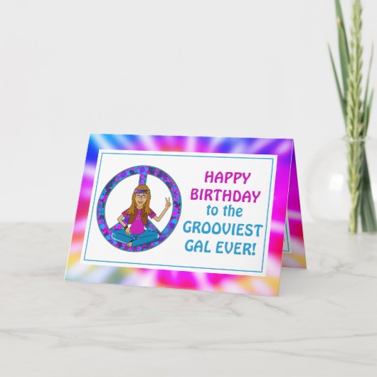 Old Hippie Hippy Tie Dye Groovy Gal Birthday Kaart (Voorkant)
