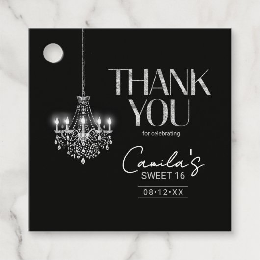 Old Hollywood B & W Chandelier Sweet 16 ID1108 Bedankjes Labels (Voorkant)