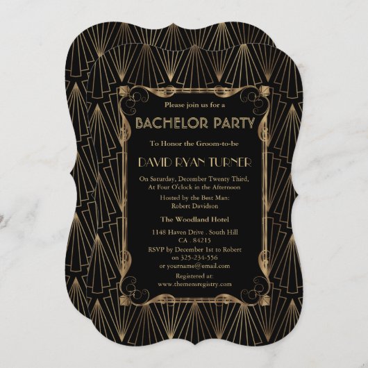 Old Hollywood Gold Great Gatsby Bachelor Party Kaart (Voorkant / Achterkant)