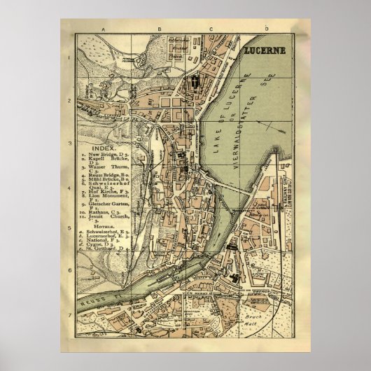 Old Lucerne Zwitserland Map (1887) Poster (Voorkant)