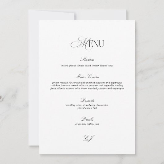 Old Money Black and White Wedding Menu Card Kaart (Voorkant)