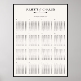 Old Money Black & White Alphabetical Seating Chart Poster