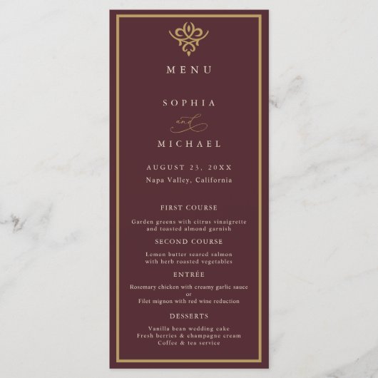 Old Money Burgundy Wedding Flat Menu (Devant)