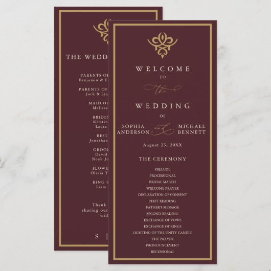 Old Money Burgundy Wedding Program Programma (Voorkant / Achterkant)