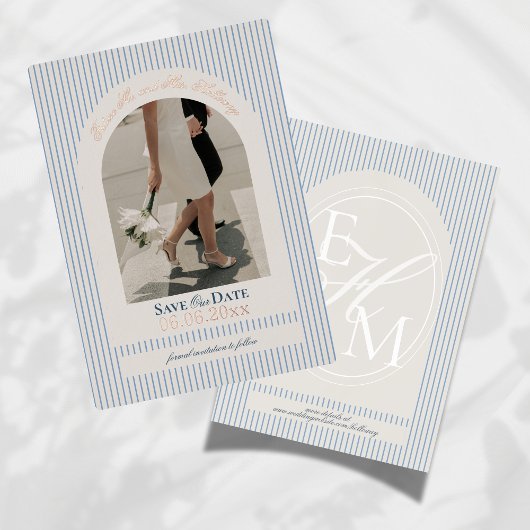 Old Money Script Blue Stripe Foto Sla de datum op Folie Uitnodiging