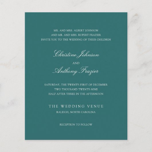Old Money Teal Classic Wedding Invite Flyer (Voorkant)
