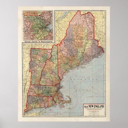 Old New England States Map (1920) Poster (Voorkant)
