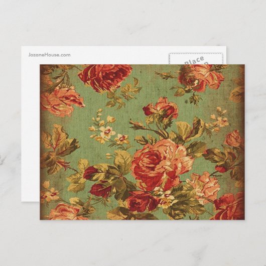 Old Pink Roses op groen Briefkaart (Voorkant / Achterkant)