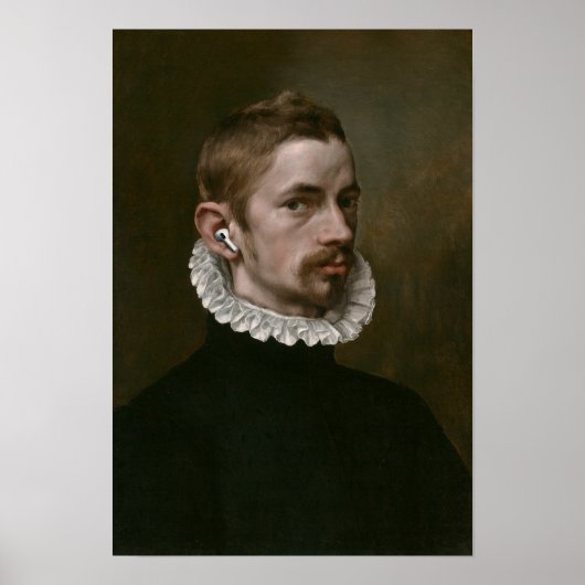 Old portrait of male with ear buds. poster (Voorkant)