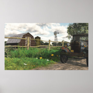 Old Red Barn an Rusty Truck Poster