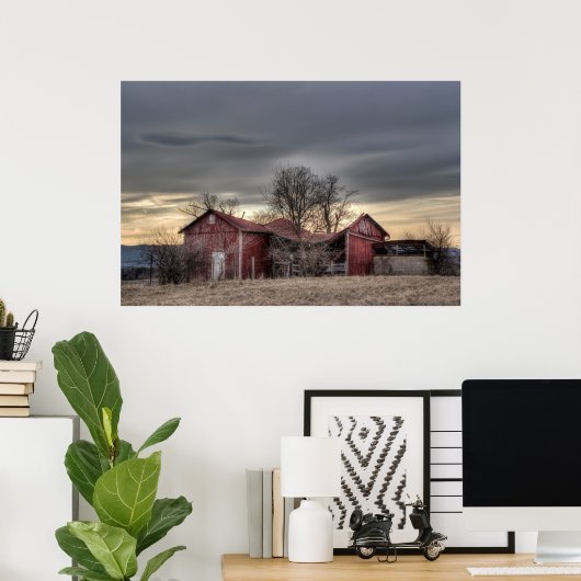 Old Red Barn Winter Trees HDR Photography Poster (Thuiskantoor)