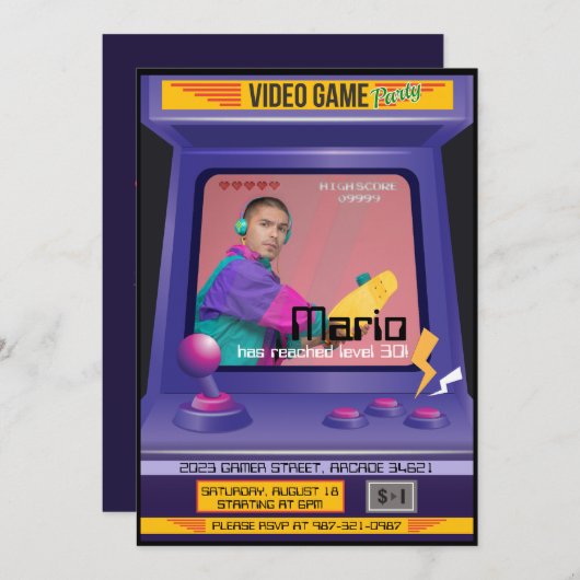 Old School Arcade Videogame Invitation (Devant / Derrière)