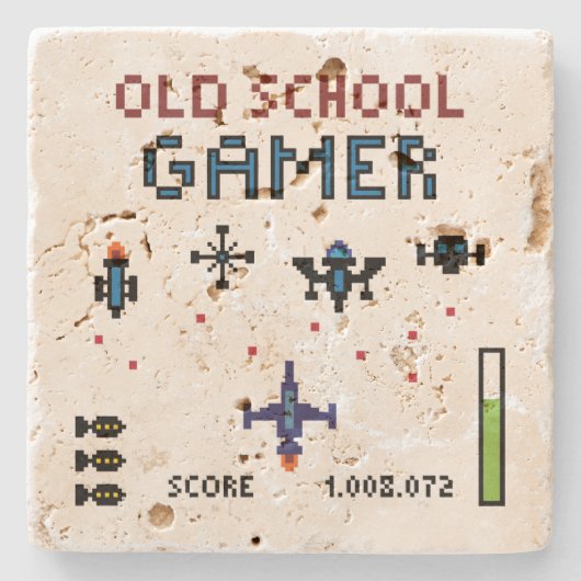 Old School Gamer Spacheship Stenen Onderzetter (Voorkant)