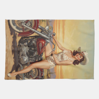 Old school Retro Pin-up meisje op motor Theedoek