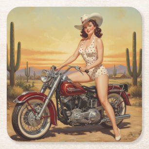 Old school Retro Pin-up meisje op motor Vierkante Kartonnen Onderzetter