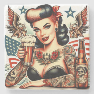 Old School Tattoo Girl Stenen Onderzetter