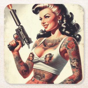 Old School Tattoo Hot Girl Vierkante Kartonnen Onderzetter