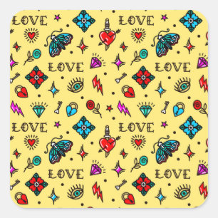 Old School Tattoo Love Pattern Vierkante Sticker