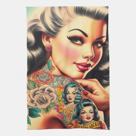Old School Tattoo Pin-up Theedoek (Verticaal)