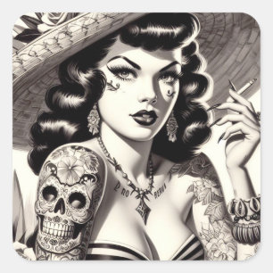 Old School Tattoo Pinup Vierkante Sticker