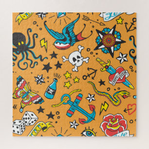 Old School Tattoo: Schattige naadloos Legpuzzel