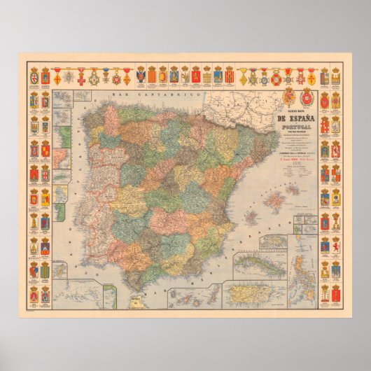 Old Spain Map (1892) Spaans gezinshoofd Poster (Voorkant)
