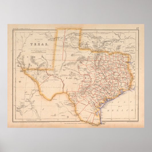 Old Texas Map (1857)  TX Lone Star State St. Poster (Voorkant)