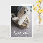 Old Timer Birthday, Cute Goldendoodle pup Humor Kaart (Gele Bloem)