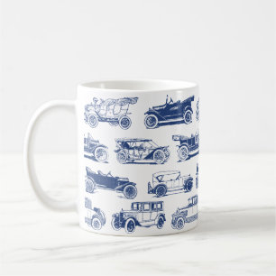 Old-timer Blauw Wit Vintage Car Pattern Koffiemok