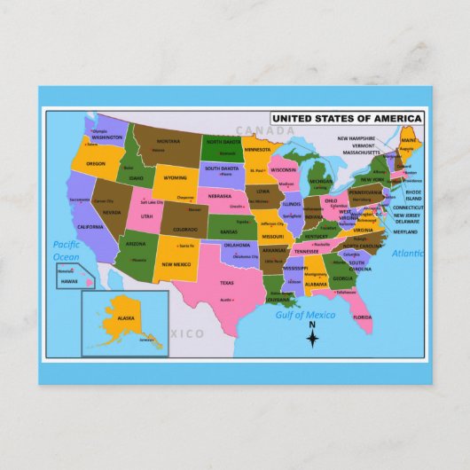 OLD USA Carte avec Capitales d'Etat et Golfe du Me (Devant)