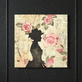 Old Victorian Silouette with Pink Roses Canvas Afdruk