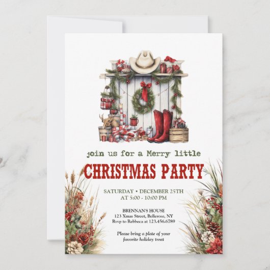 Old West Christmas party printable red green Kaart (Voorkant)