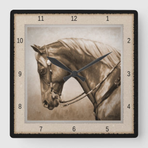 Old West Quarter Horse Sepia Brown Vierkante Klok