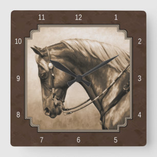Old West Quarter Horse Sepia Brown Vierkante Klok