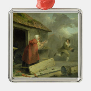Old Woman Waving a Stick at a Boy, 1793 (olie op c Metalen Ornament