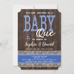 Old Wood Blue Gingham Boy Baby shower BBQ Kaart