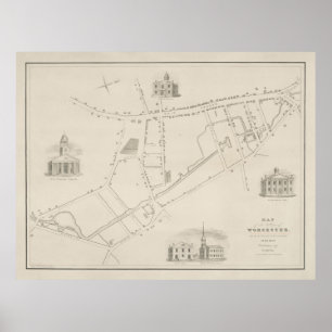 Old Worcester MA Map (1829)  Massachusetts  Poster