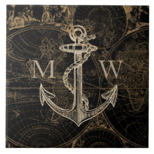Old World Journey Anker Nautical Zwart Tegeltje