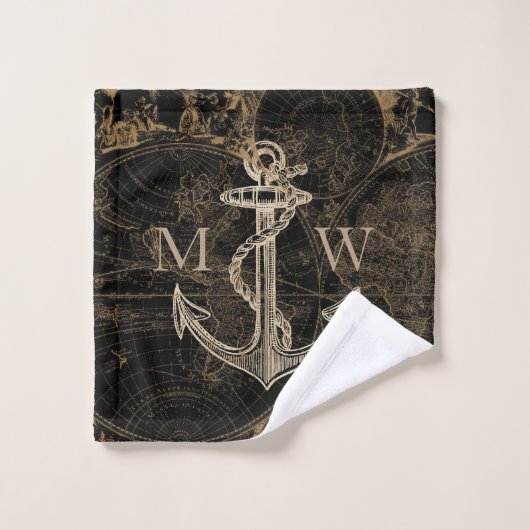 Old World Journey Nautical Anker Monogram Zwart Bad Handdoek (Wasdoekje)