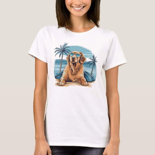 Olden-retriever met zonnebril op het strand t-shirt (Voorkant)