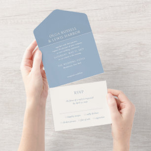 Olga Dusty Blue Modern Wedding All In One Uitnodiging