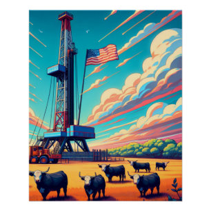 Olie Gas Boren Scène Rundvee en Vlag Perfect Poster
