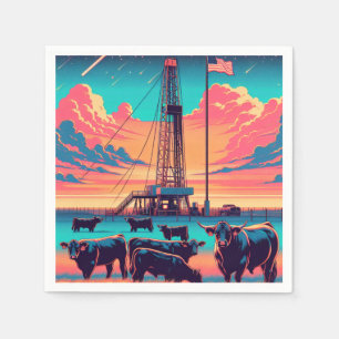 Olie Gas Rig Bij Zonsondergang Rundvee en Amerikaa Servet