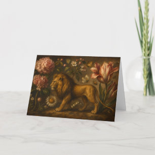 Olie-schilderij met vintage leeuw en botanische tu kaart