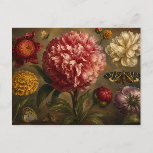 Olie-schilderij met vintage pioen en vlinder in bo briefkaart